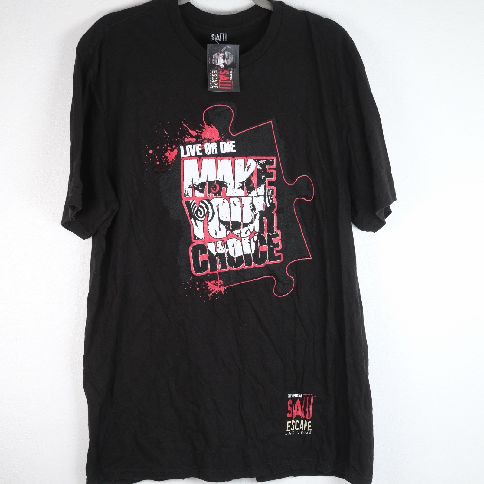 Saw Escape Room Las Vegas Shirt Sz XL Black Horror Movie Live Or Die Choice NWT