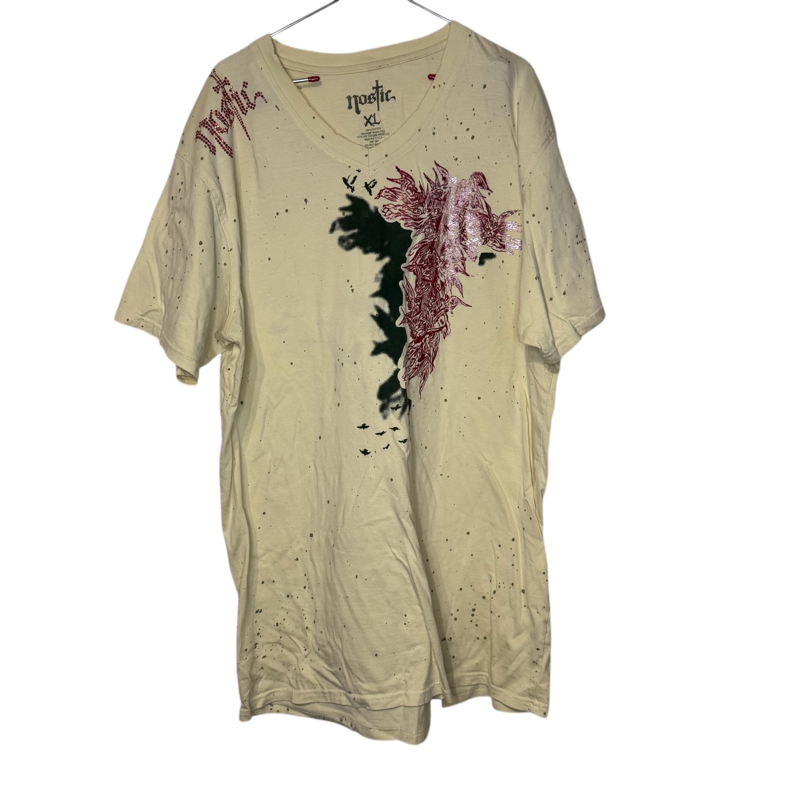 Nostic Men&rsquo;s T-Shirt Paint Splatter Beaded V-Neck Short Sleeve Cotton Beige XL