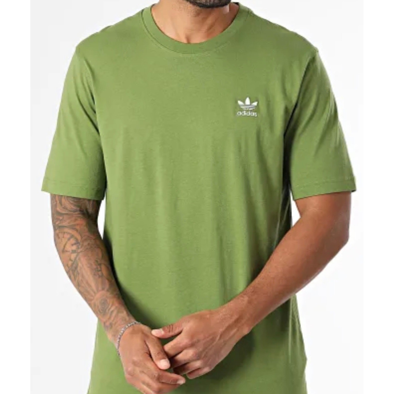Mens L ADIDAS ORIGINALS logo ESSENTIALS TREFOIL T TEE SHIRT Olive GREEN JV5938