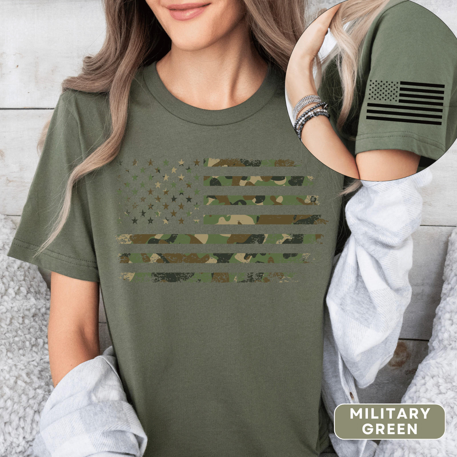 Camo American Flag T-Shirt with American Flag on Left Sleeve