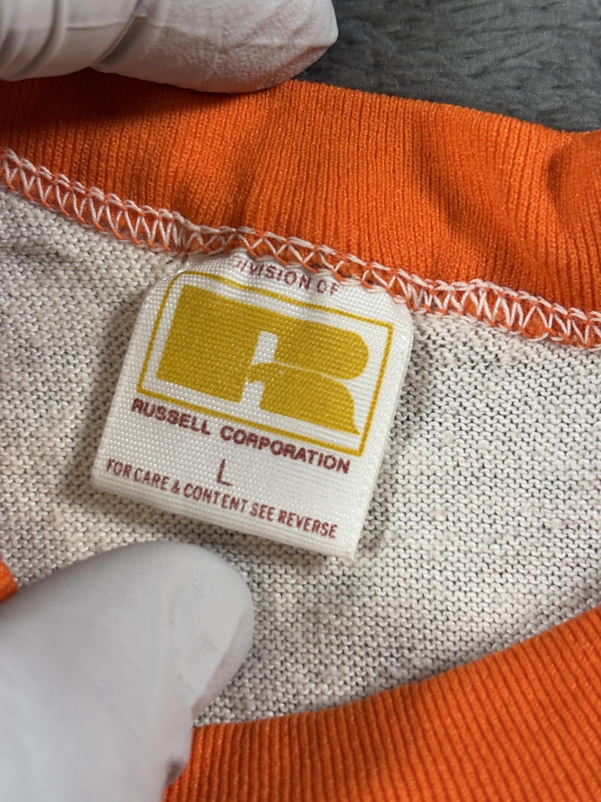 Vintage Russell Raglan Shirt Mens Large Orange White 3/4 Sleeve Jersey 70s USA