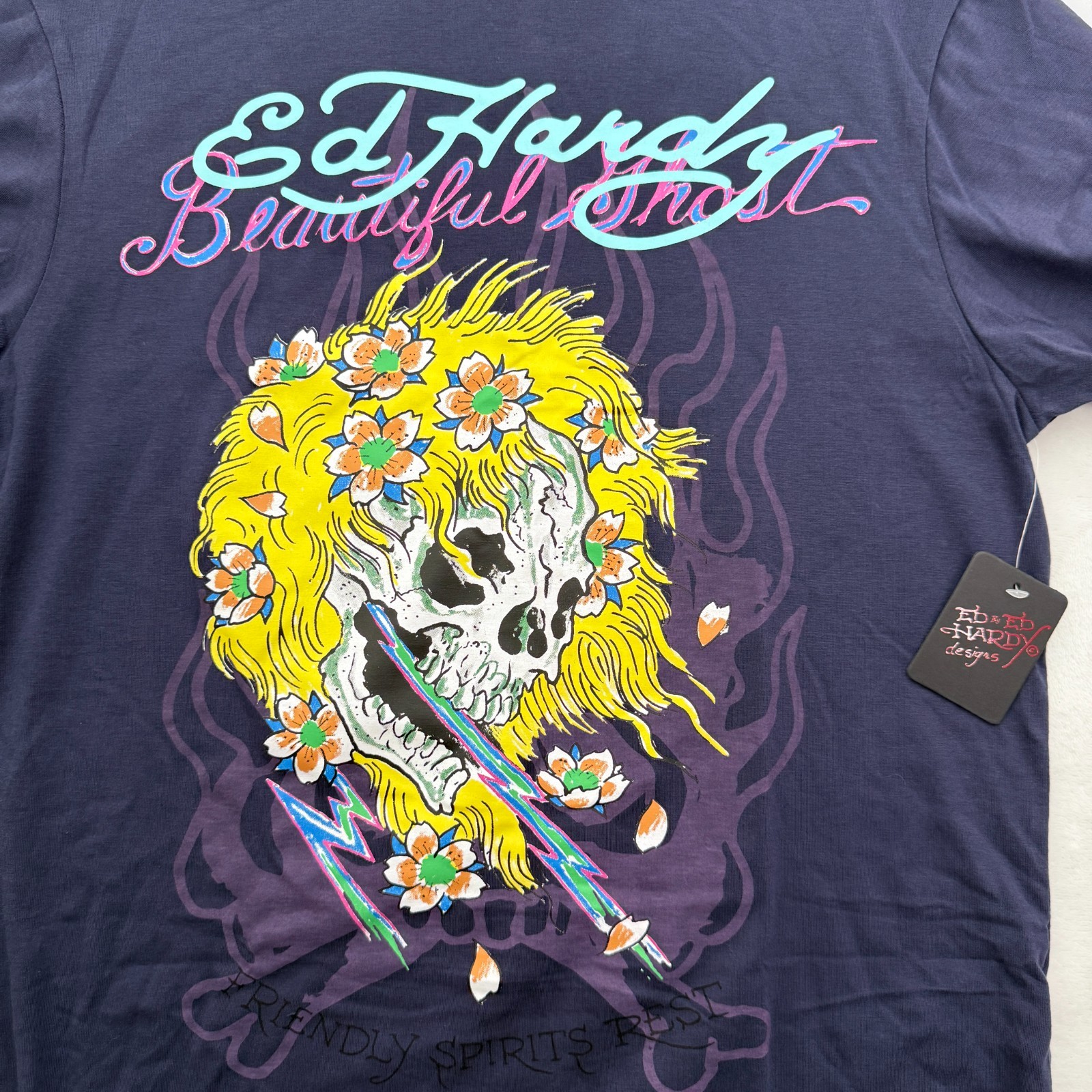 Ed Hardy T Shirt Mens M Blue Skull Beautiful Ghost Tattoo Y2K