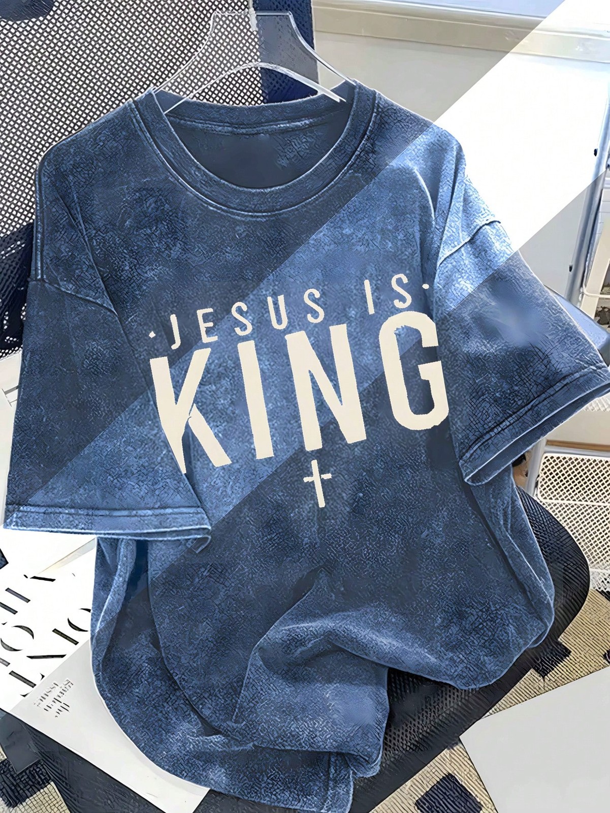 230g Washed Cotton T-Shirt Vintage JESUS IS KING Daily Wear Gift