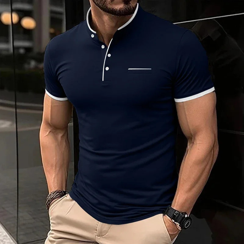 2025 New Men&rsquo;s Casual and Fashionable Solid Color Short Sleeved Stand Up Collar