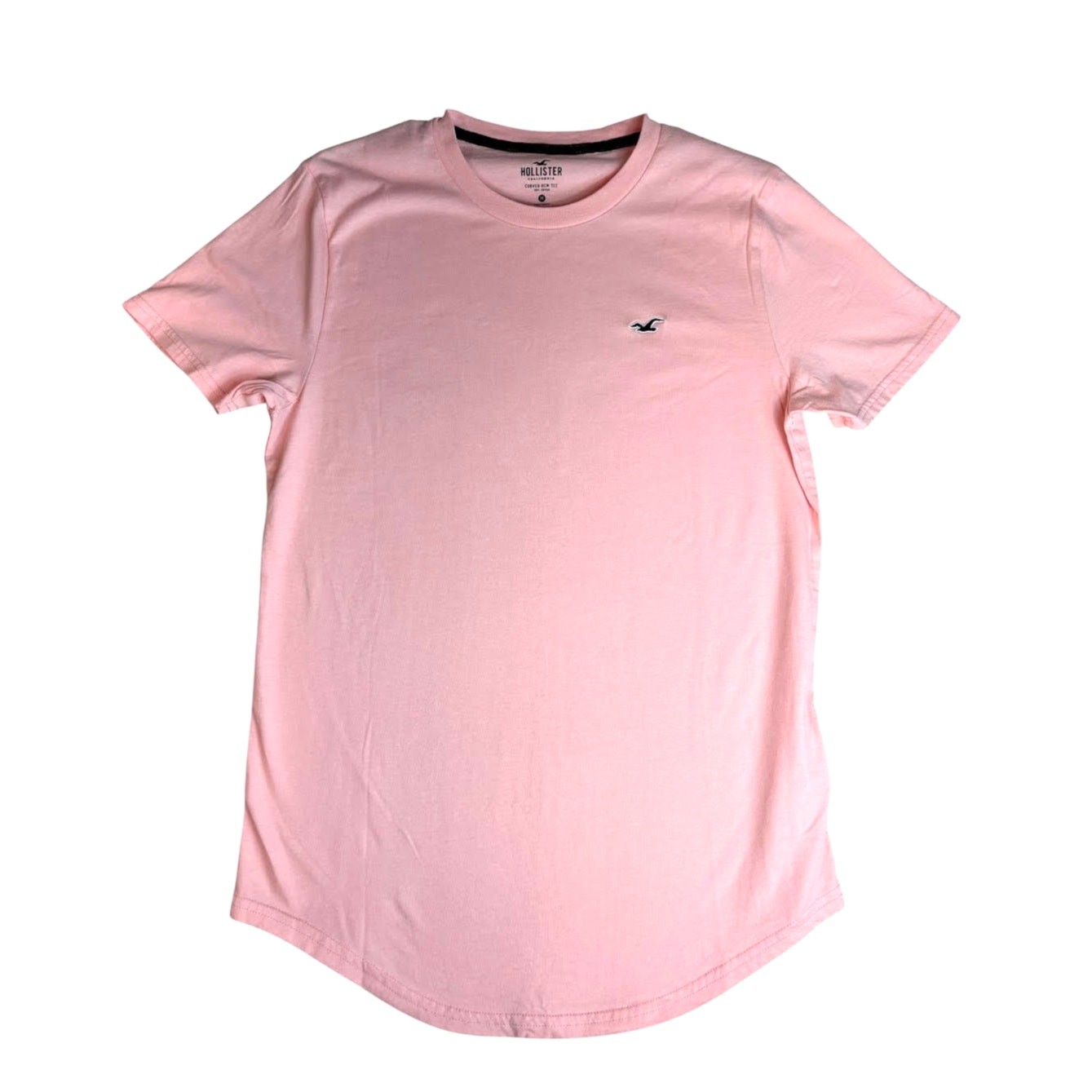HOLLISTER MEN&rsquo;S PINK SCOLLOPED CURVED HEM CASUAL T SHIRT SIZE MEDIUM