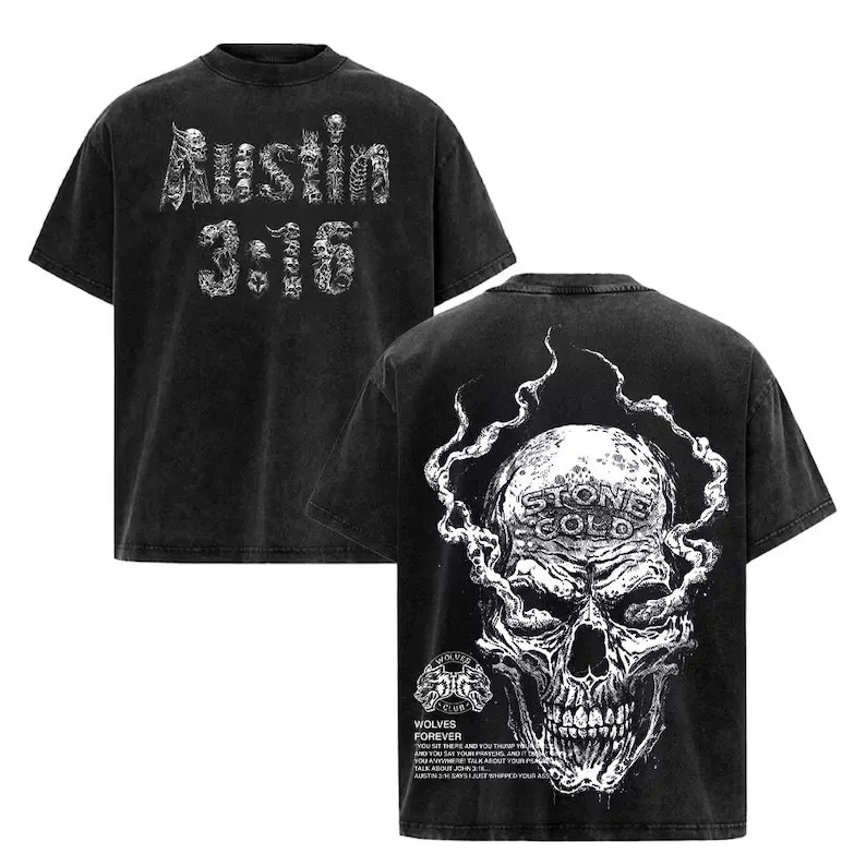 Urban Streetwear Black Washed Stone Cold Steve Austin Graphic T Shirt for Men