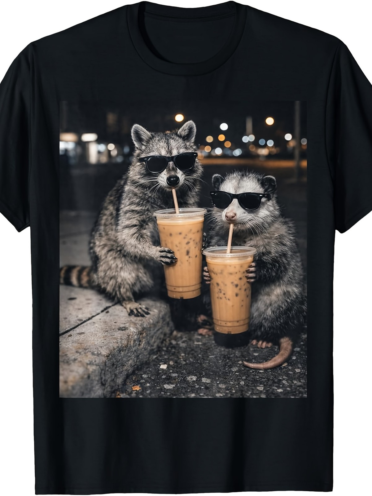 Retro Raccoon&Opossum Drinking Iced Coffee T-Shirt – Funny Animal Graphic Tee ▧