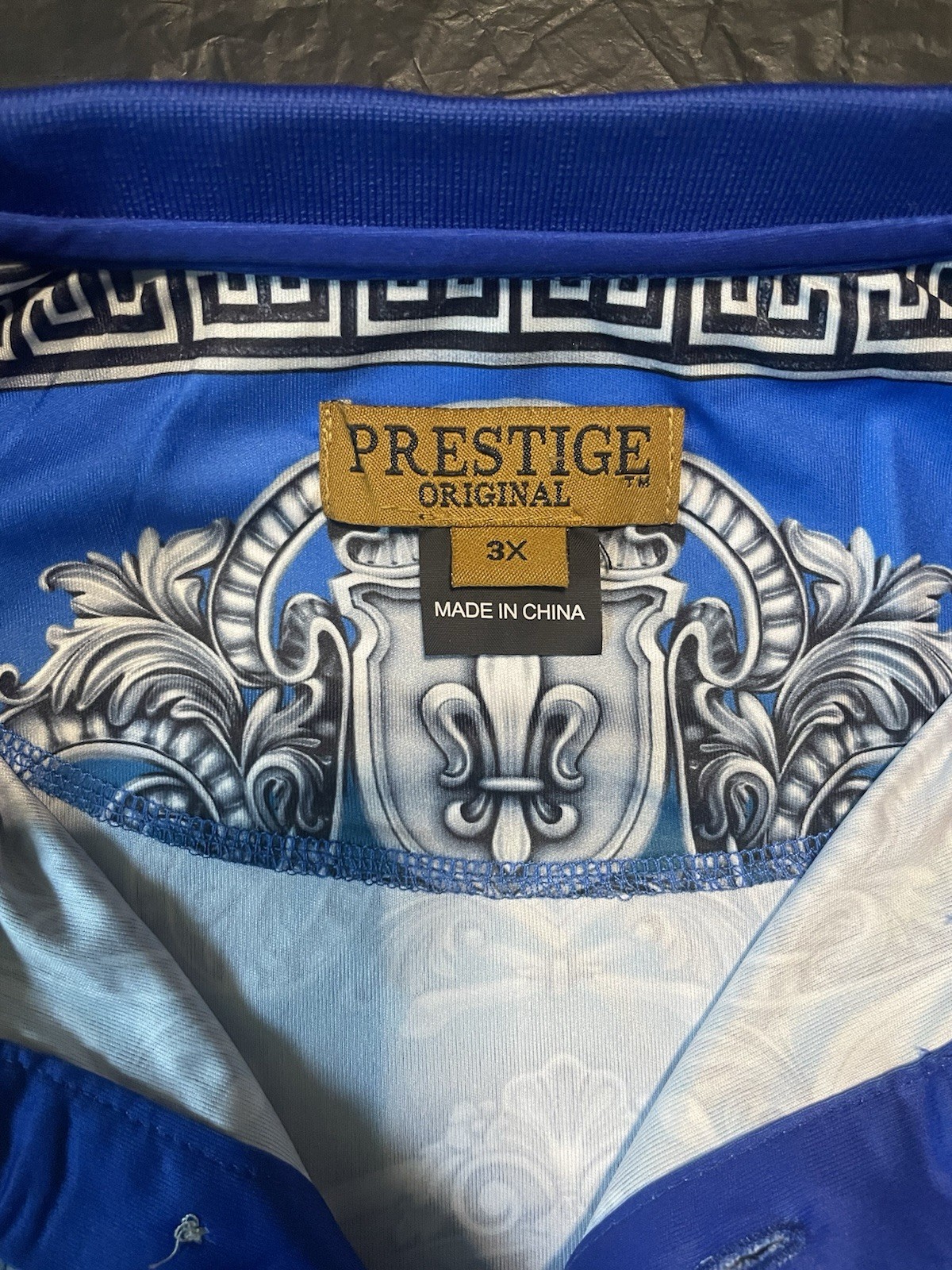 Prestige Men&rsquo;s Long Sleeve Versace Like Graphic Print Greek Key Shirt Blue 3X