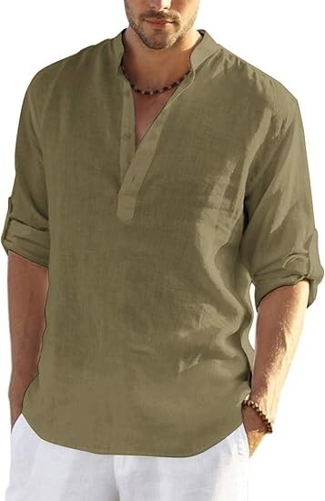 COOFANDY Men&rsquo;s Cotton Linen Henley T-Shirt Long Sleeve Hippie Casual Beach green