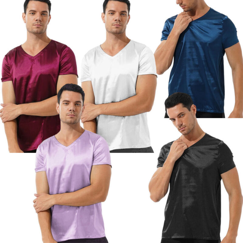 Men&rsquo;s Satin Pullover Short Sleeve V Neck Tops Loungewear Sleepwear Nightwear