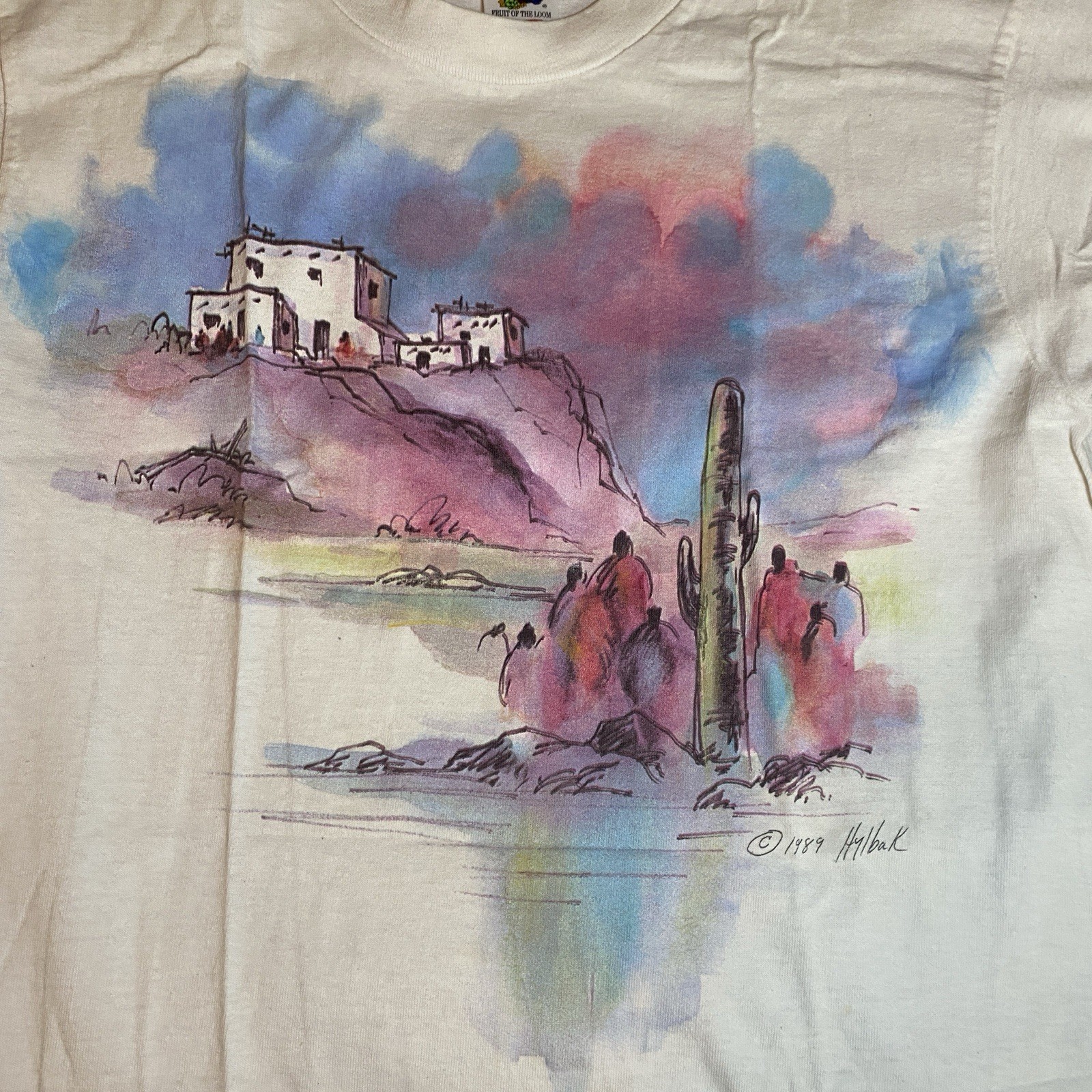 Vtg Art Shirt Hand colored Serigraph Pueblo 1989 Mens Sz L