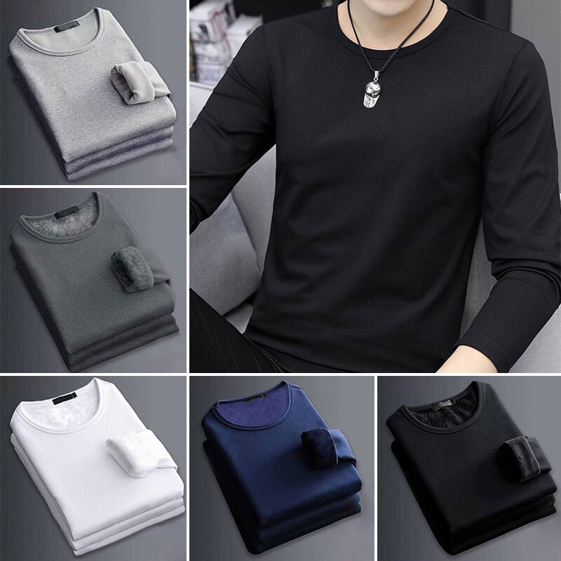 Men Thermal Fleece Lined T-shirt Winter Warm Tops Trouser Long Sleeve T-Shirt