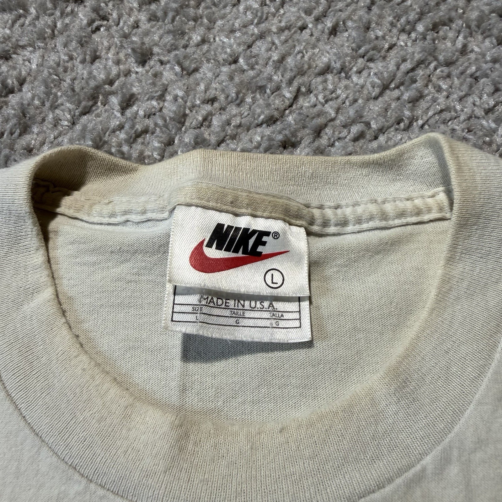 90s Vintage Nike Golf Swoosh Tee Large White Cream Tiger Woods Made USA Cotton