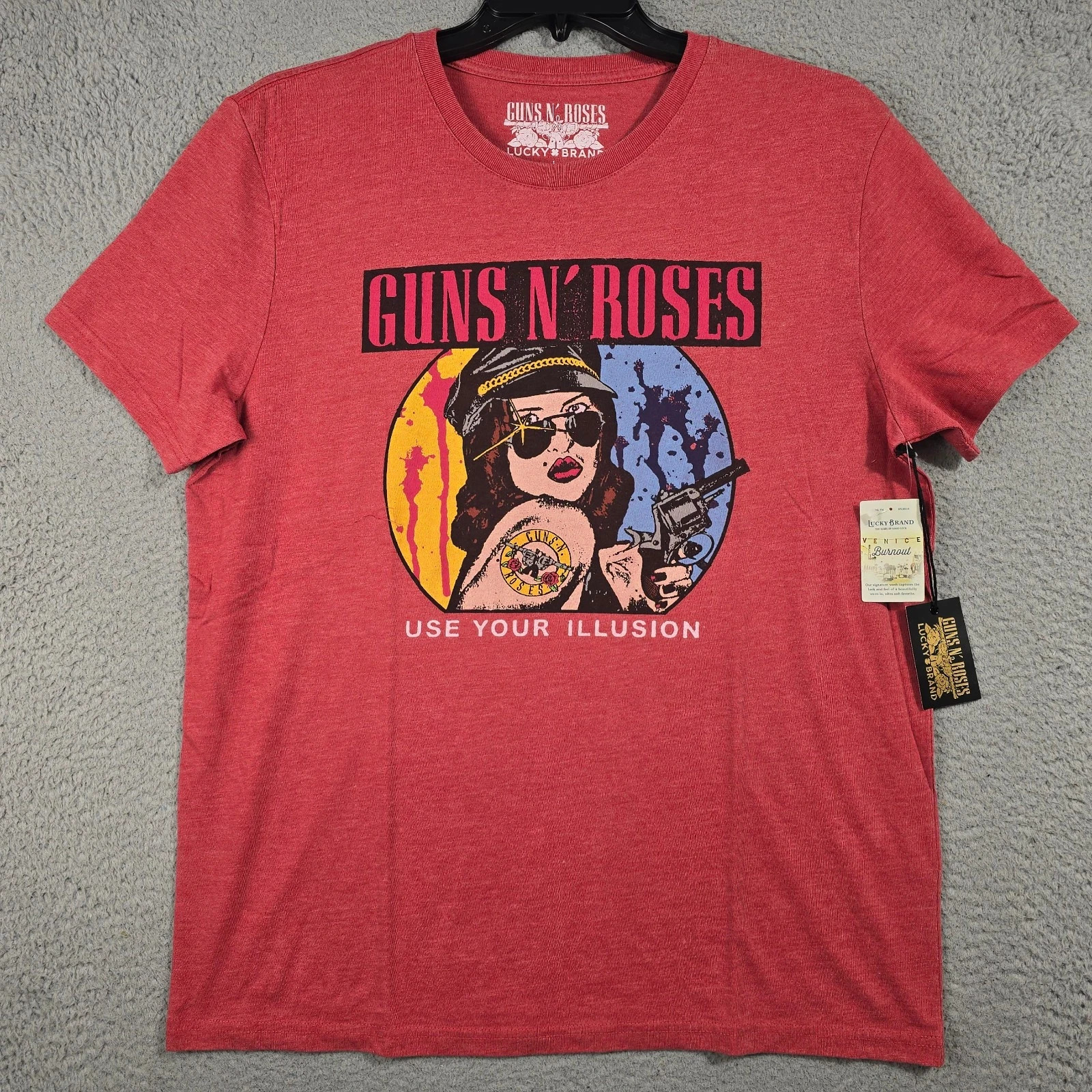 LUCKY BRAND Guns n Roses Mens Large Red Distressed Casual Music Rock Metal NWT