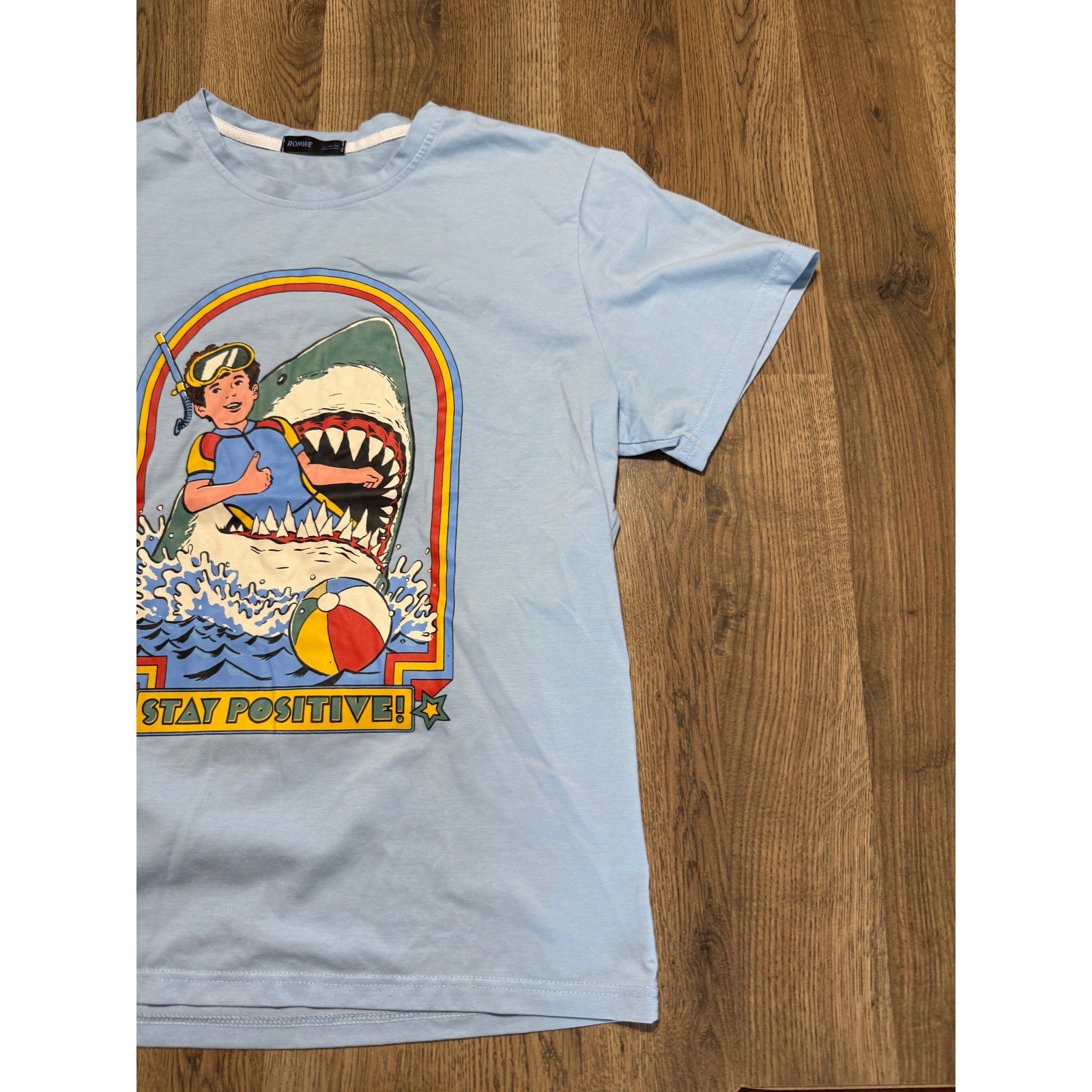 Romwe Mens Stay Positive Shark Graphic Tee Blue Short Sleeve T-Shirt Size L