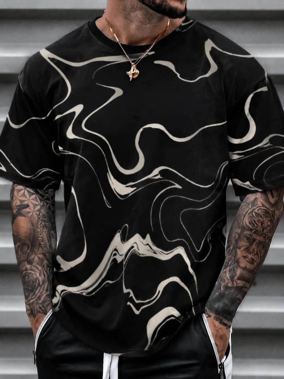Men&rsquo;s Round Neck Tee, Black White Marble Swirl Print, Casual Street Short Sleeve