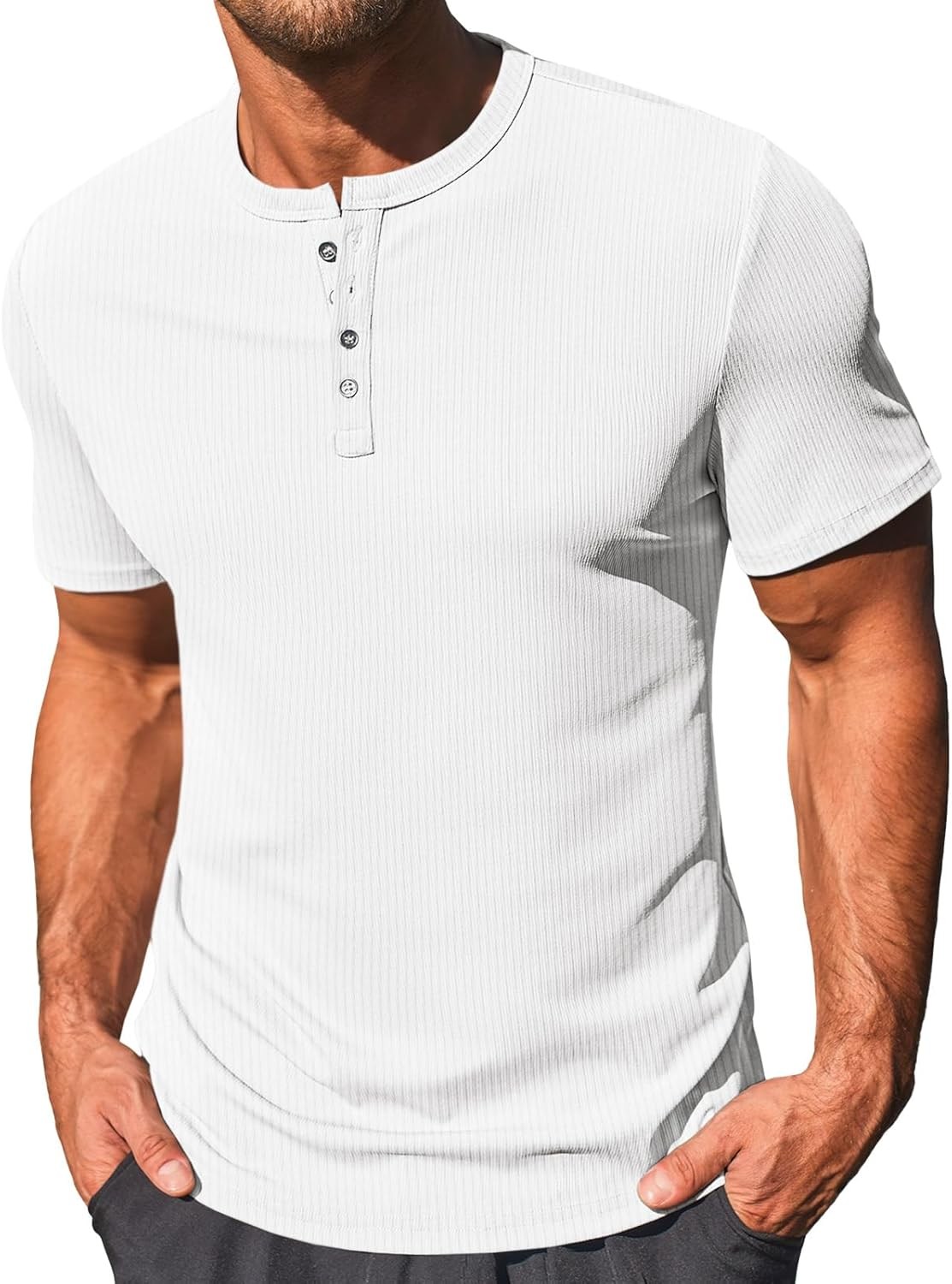 Men&rsquo;s Henley Shirt Short Sleeve Casual Ribbed Knitted Summer T-Shirt XL