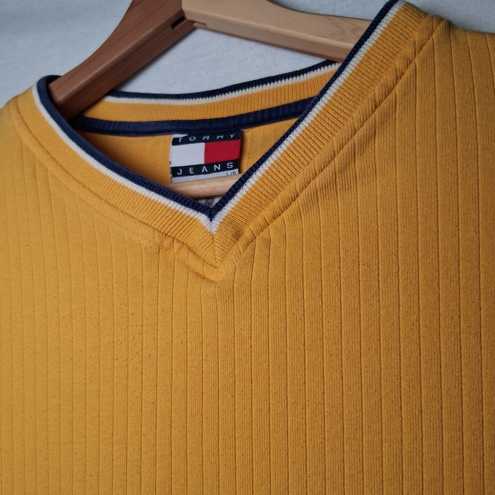 Vintage 1990s Tommy Jeans Shirt Men L Ribbed Knit Gold Long Sleeve V Neck