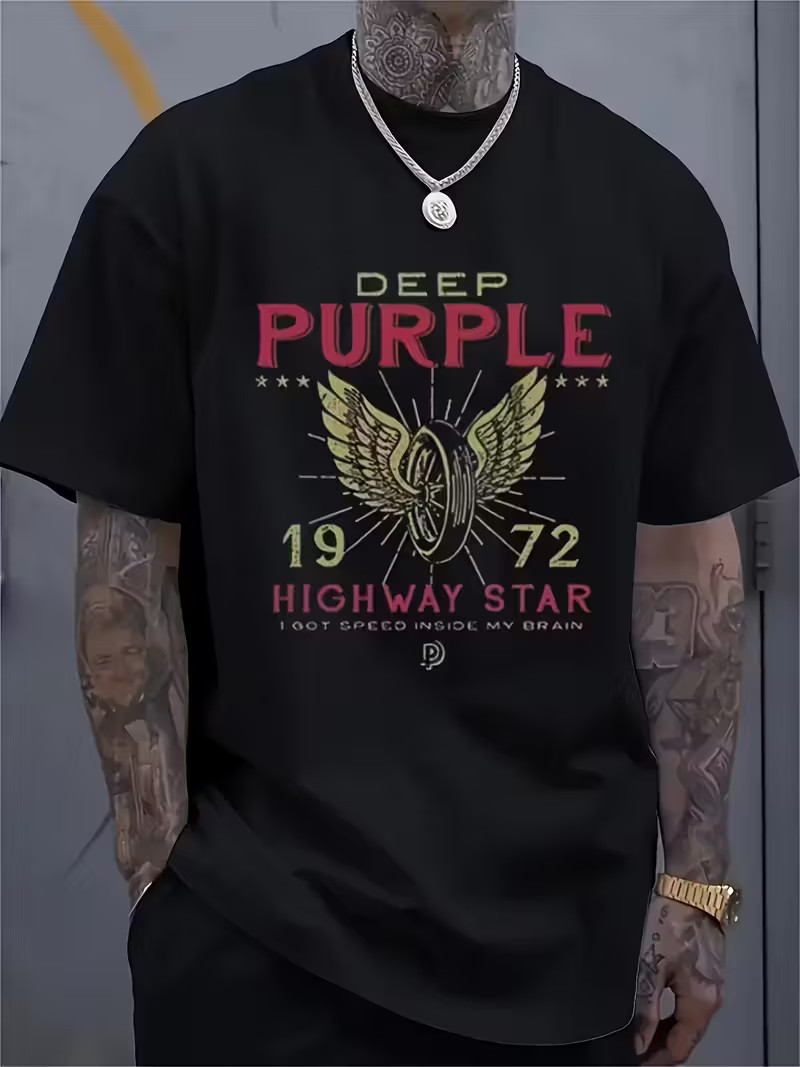 Men&rsquo;s Vintage 70s Retro T-Shirt – Deep Purple Logo & Highway Star Design – Soft