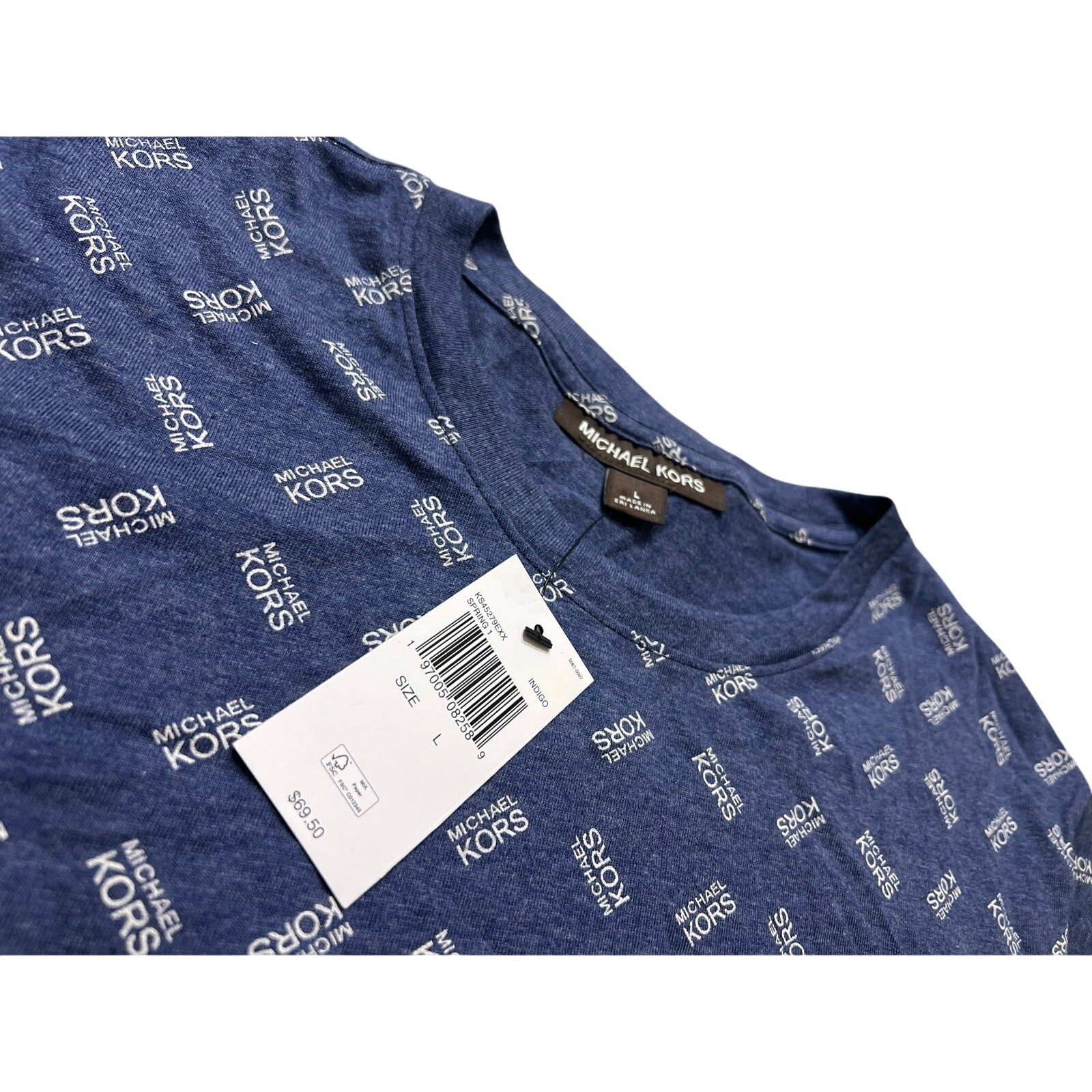 Michael Kors Men&rsquo;s Allover Print Indigo Blue White Shirt Tee Size Large L New