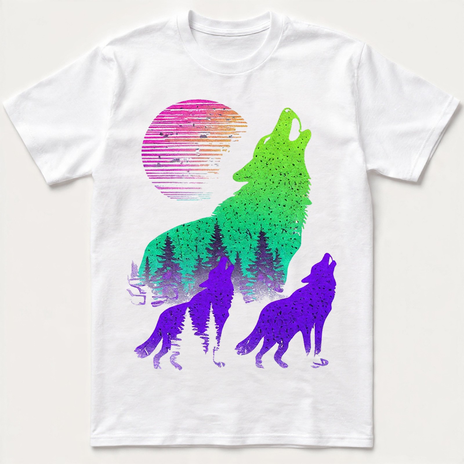 Wolves Howling Moon Forest Silhouette Neon Synthwave Retro Graphic Tee