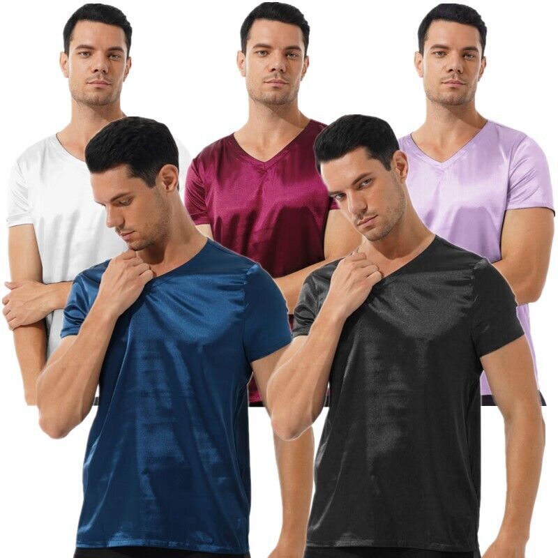 Men&rsquo;s Satin Pullover Short Sleeve V Neck Tops Loungewear Sleepwear Nightwear