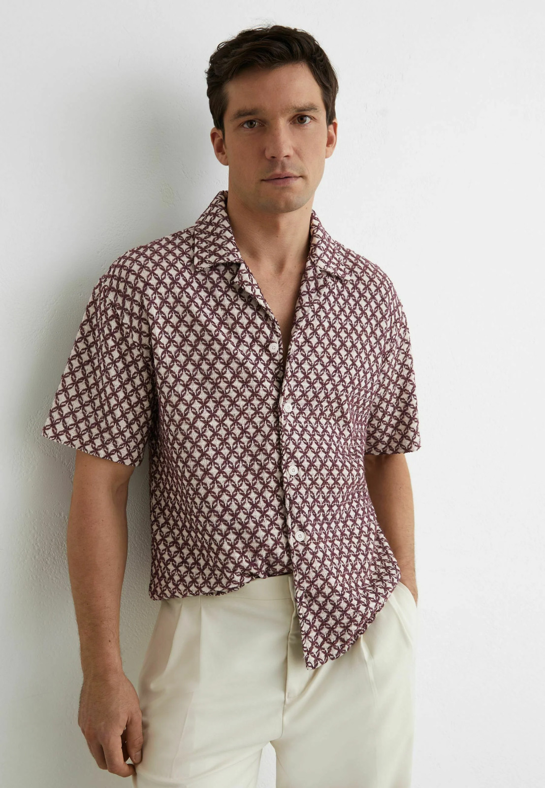 REISS Mens Rust Red Mills Cuban Collar SS Shirt Designer Embroidered Crochet