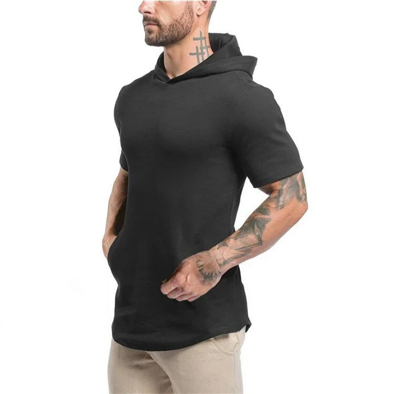 New Gym Fitness Bodybuilding Sport Hoodie Mens Slim Fit Solid Color Hooded T-Shi