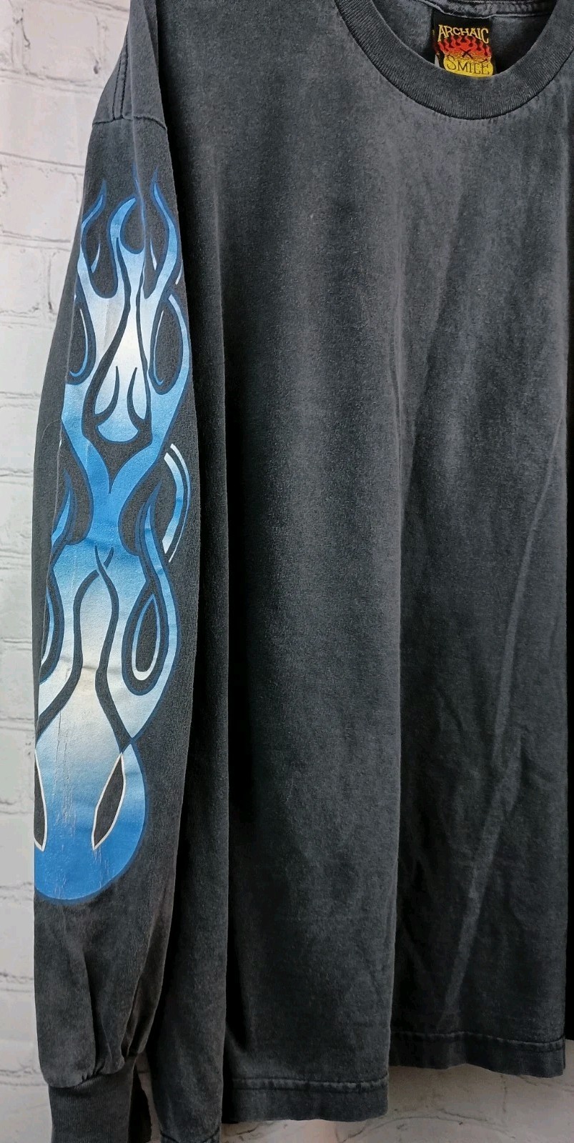 Vintage Archaic Smile Blue Flames Black Long Sleeve T-shirt Made In USA, Sz. XL