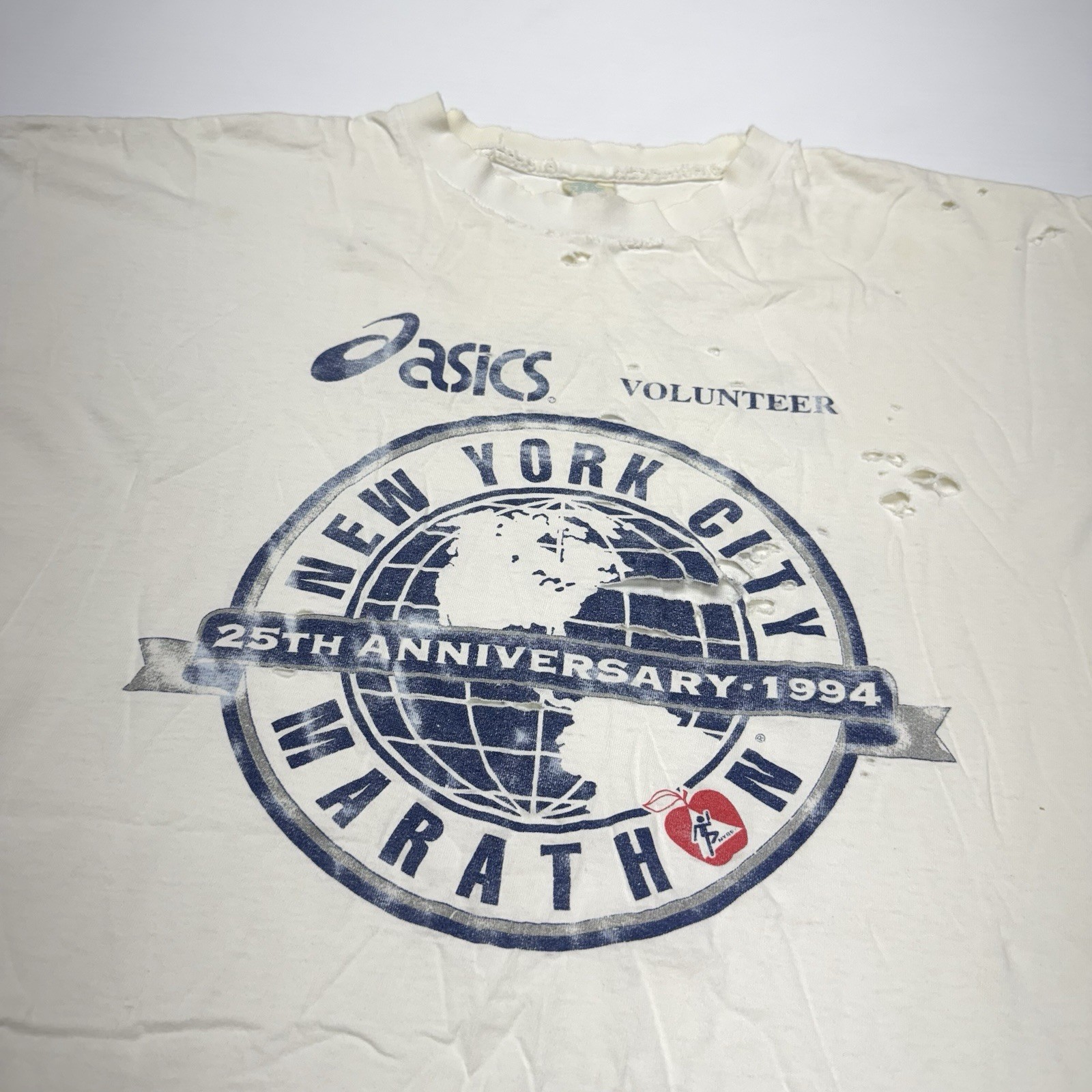 Vtg 1994 Asics NYC Marathon 25th Anniversary Volunteer Distressed Mens Shirt 2XL