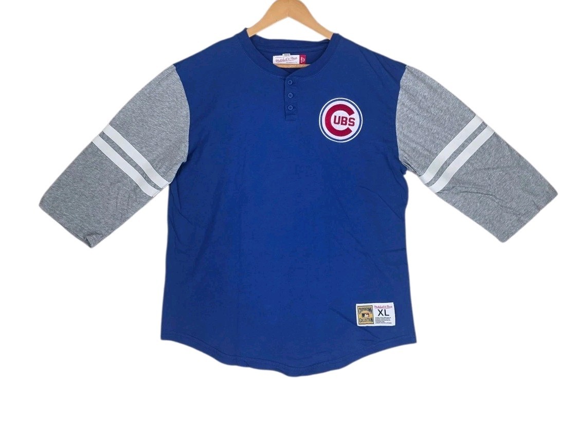 Mitchell Ness Chicago Cubs Henley Shirt Mens XL Blue Grey 3/4 Sleeve AJ18005