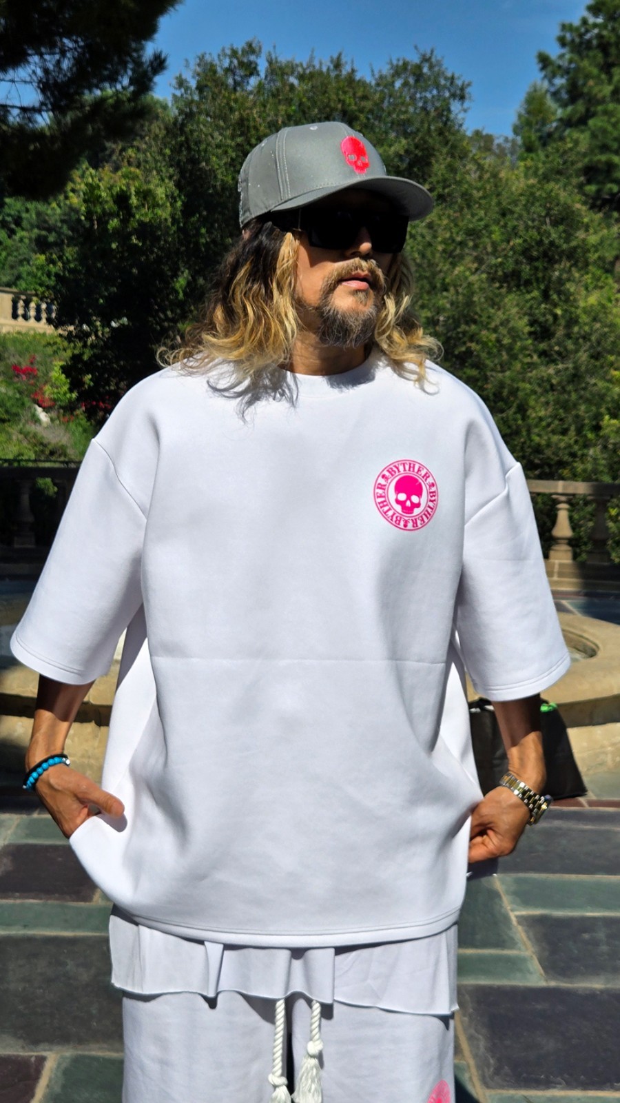 ByTheR Men&rsquo;s White Oversized Drop Shoulder Logo Embroidered Streetwear Tee