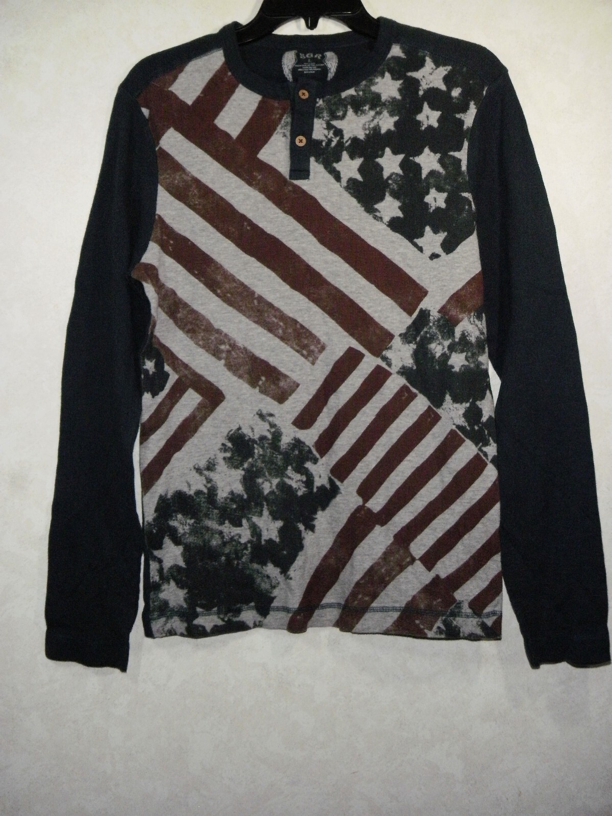 SGR Thermal Henley Shirt Men L Blue Faded Stars Stripes Long Sleeve