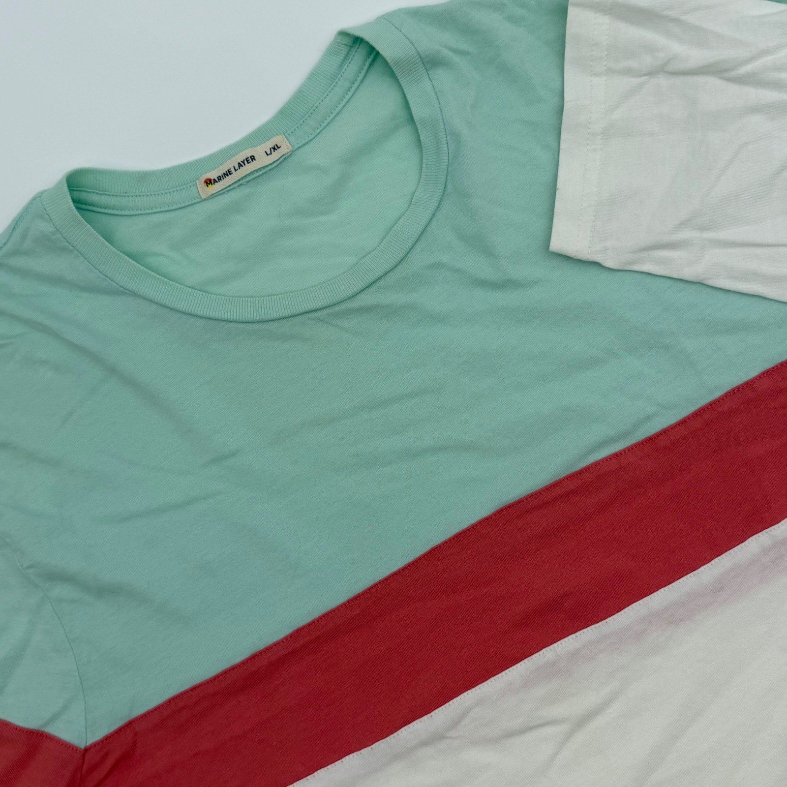 Marine Layer Mens Colorblock Jacob Long Sleeve Tee Mint Coral White L/XL 13398