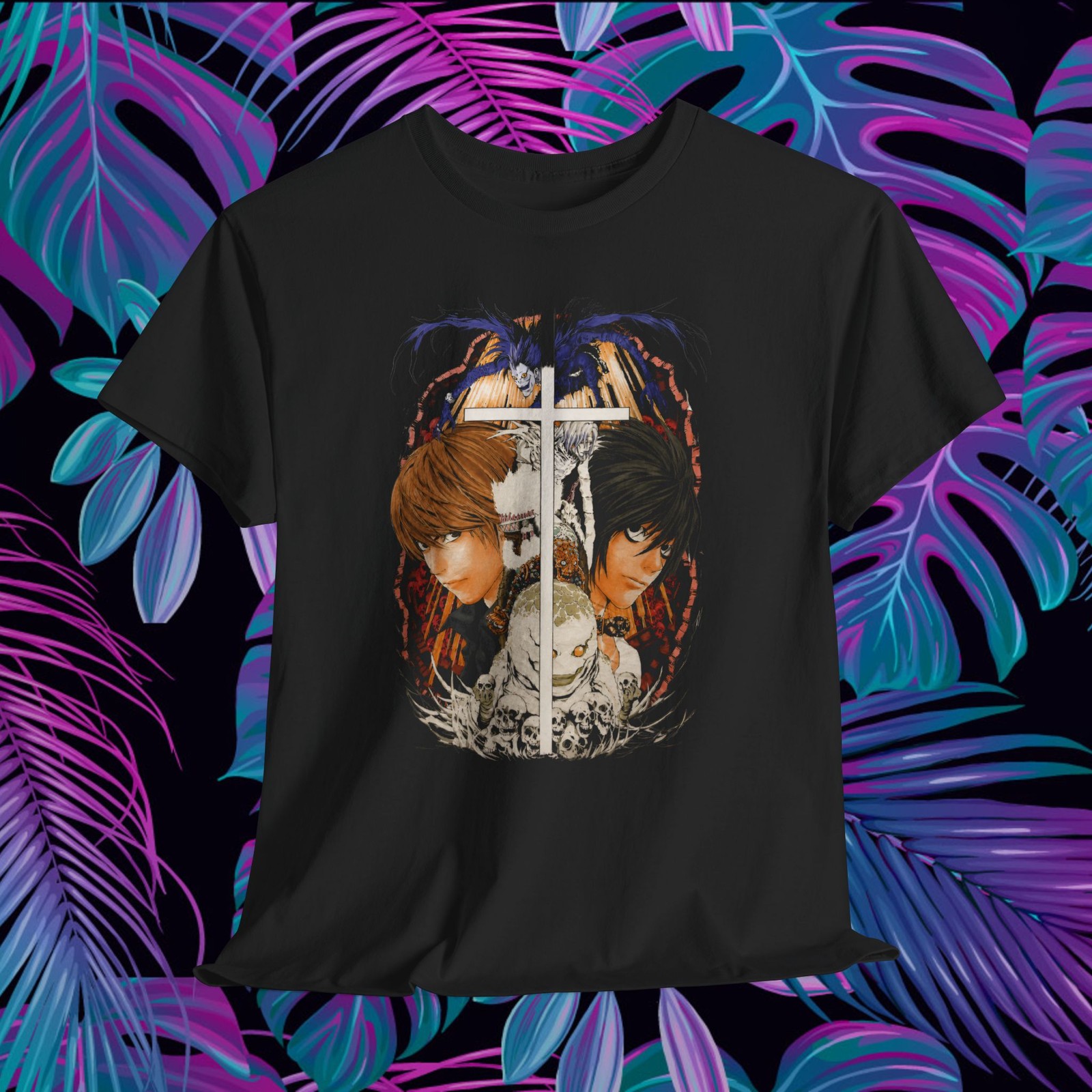 Death Note Anime T Shirt Light vs L Ryuk Cross Skull Graphic Goth Manga Tee