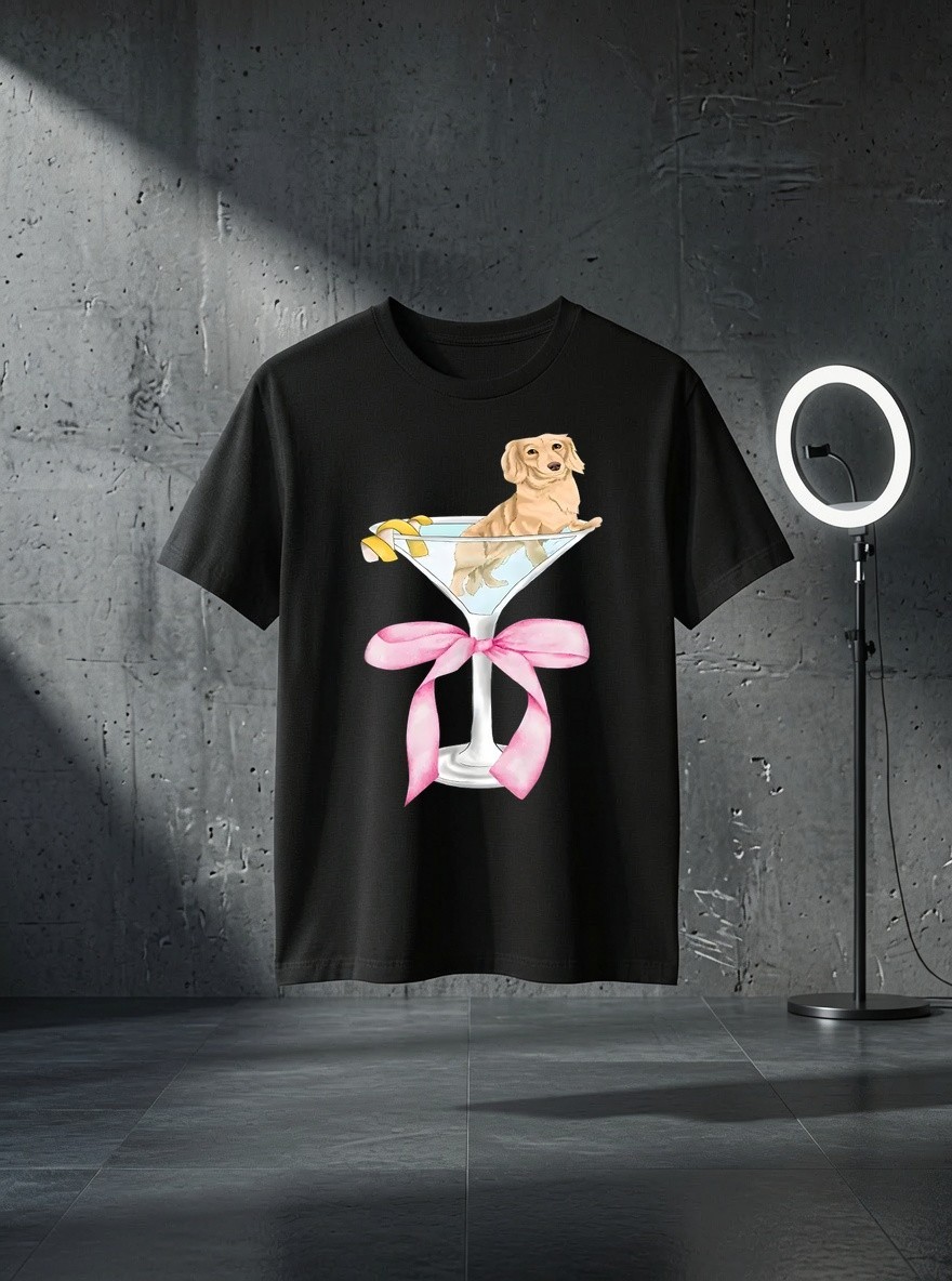 Unisex Funny Dachshund Dog With Martini Glass Coquette Pink Bow Graphic T Shirt
