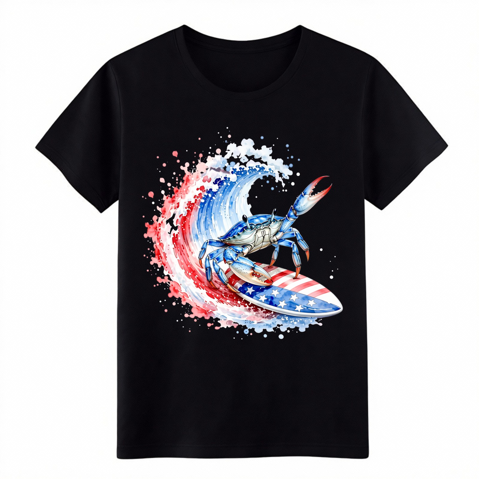 American Flag Surfboard BlueCrab Patriotic Watercolor Wave Unisex Cotton T-Shirt