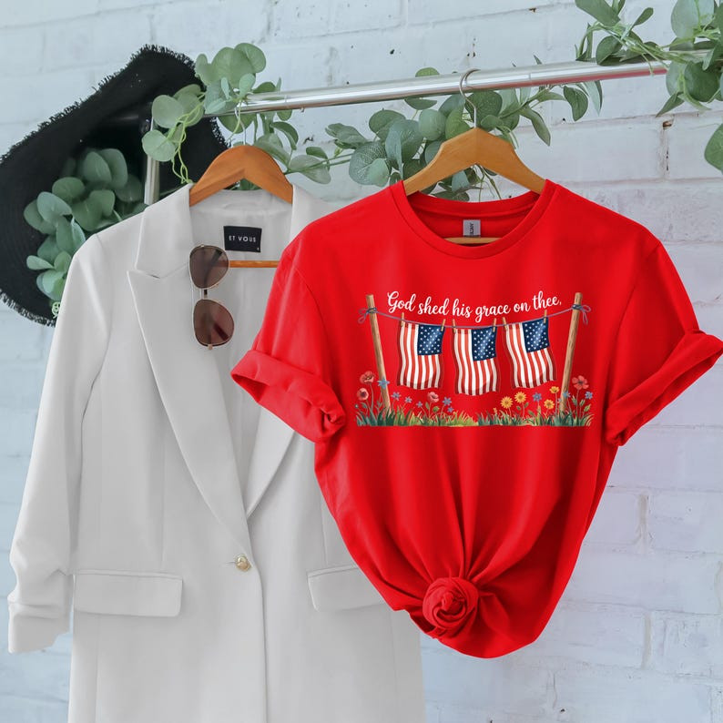 God Shed His Grace Graphic Tee Christian Patriotic Shirt Vintage Flag Apparel
