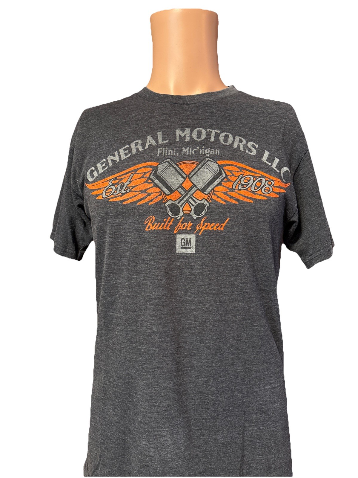 GM General Motors LLC Flint Michigan Built For Speed Gray & Orange Shirt