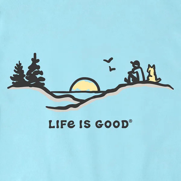 Life is Good. Men&rsquo;s Pine Sunset Vista Short Sleeve Crusher Tee, Aqua Blue