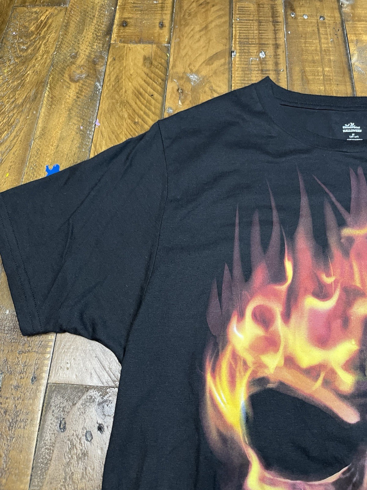 Way to Celebrate Black Flaming Skull Graphic Print Biker T-Shirt Mens Medium