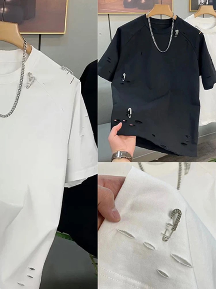 Trendy Men&rsquo;s Streetwear Distressed Cotton T-Shirt Rhinestone Pin Casual Top