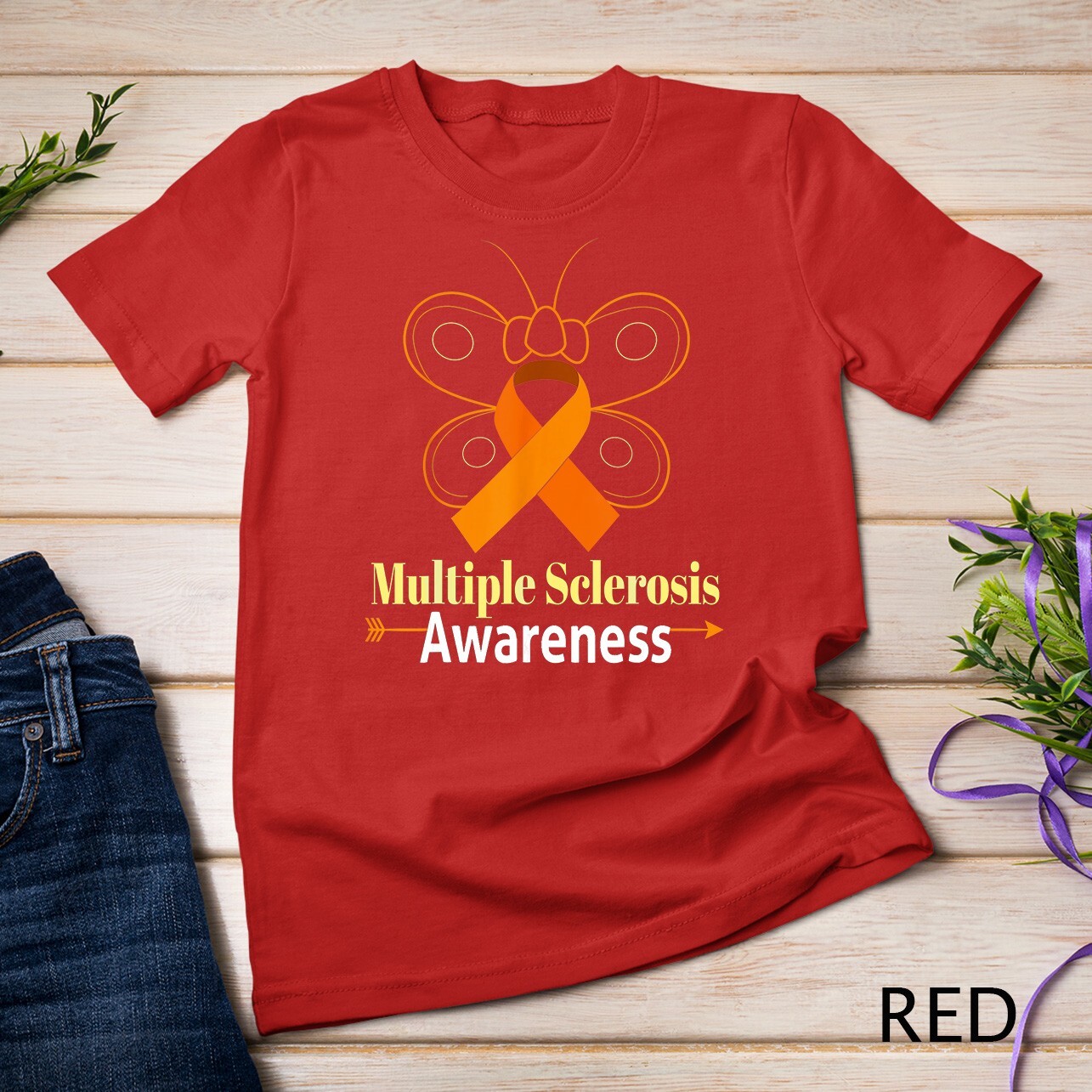 Butterfly Orange Ribbon Multiple Sclerosis Awareness Unisex T-shirt