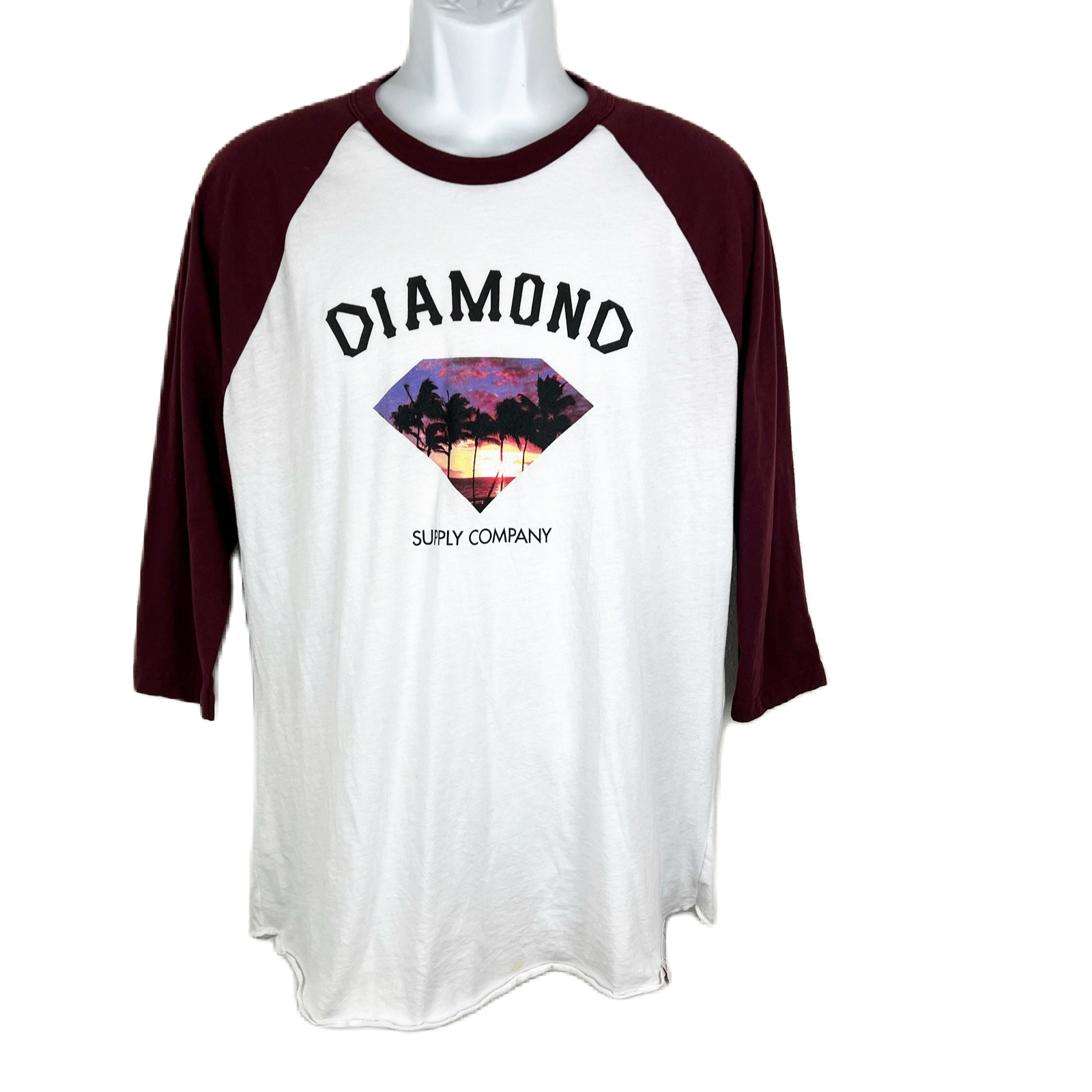 Diamond Supply Co Shirt Men Large White Red Raglan Baseball Quarter Sleeve Tee
