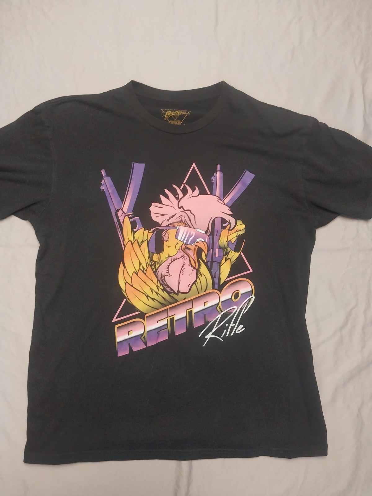 Retro Rifle Shirt Mens 2XL Fits Like Large Black Rooster Gun Graphic Tee Shrunk