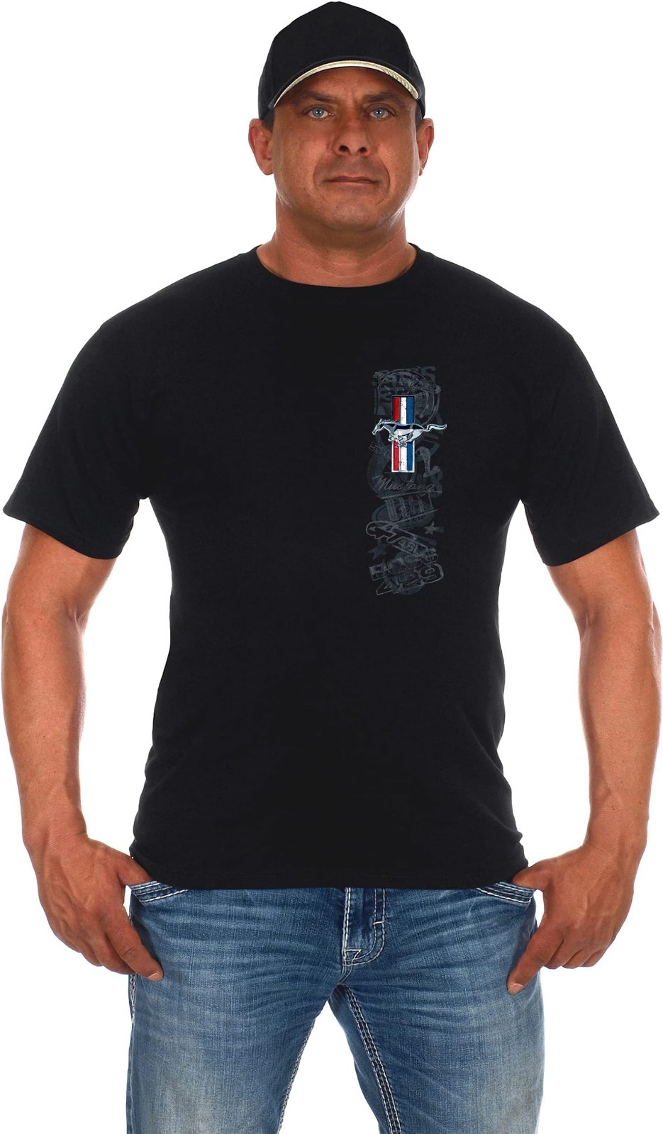 JH Design Men&rsquo;s Ford Mustang T-Shirt Tri-Bar Pony Distressed Collage Black Shirt