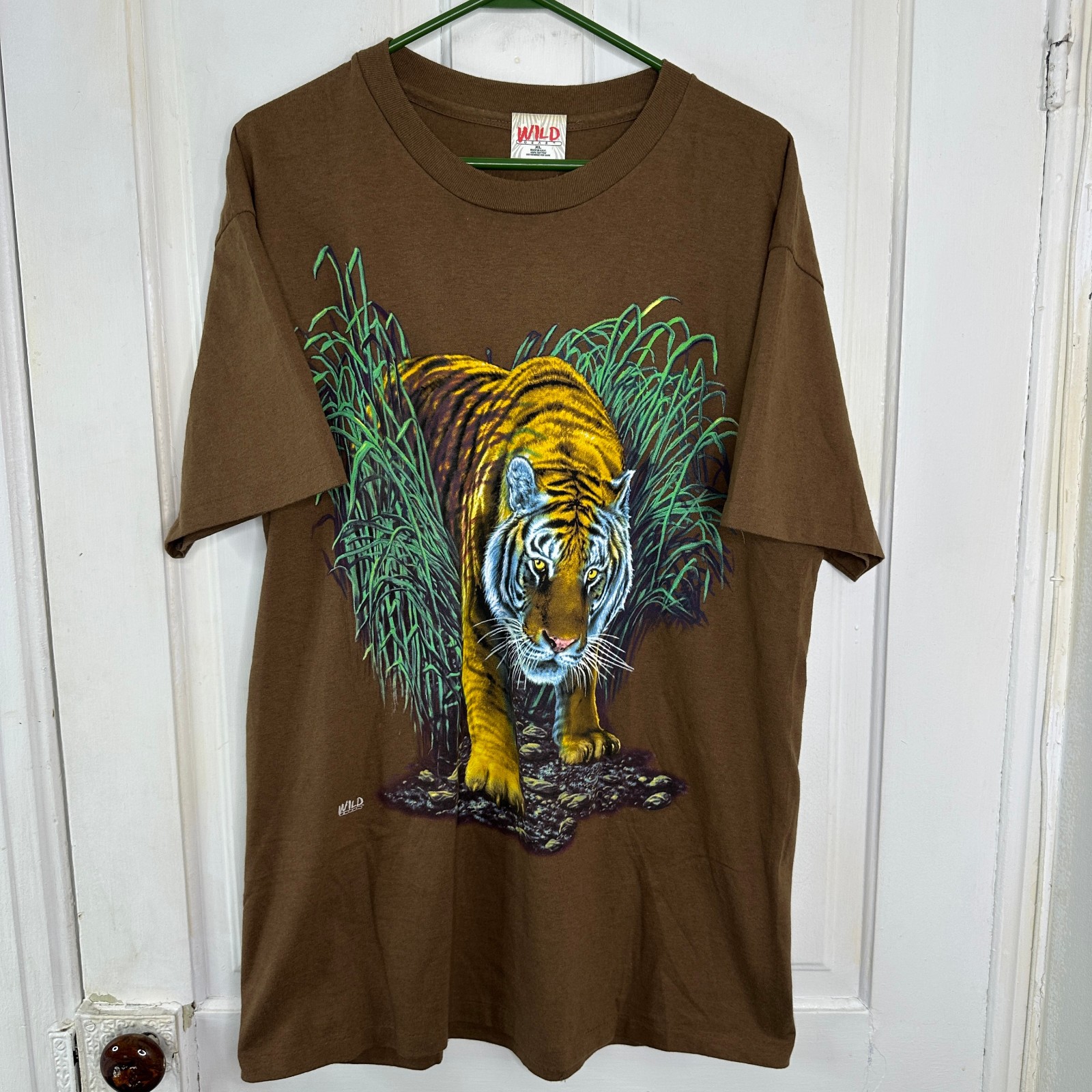 Vintage 90s Tiger Wild Gear Animal Nature Big Cat T-Shirt Adult XL Brown Vtg USA