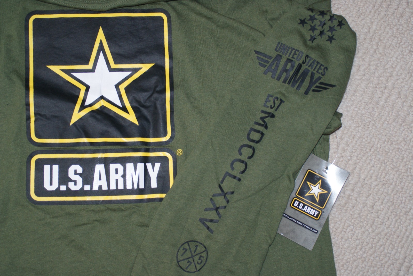 US Army Star Long Sleeve T-Shirt-Green- Liteweight- Adult XL- NEW