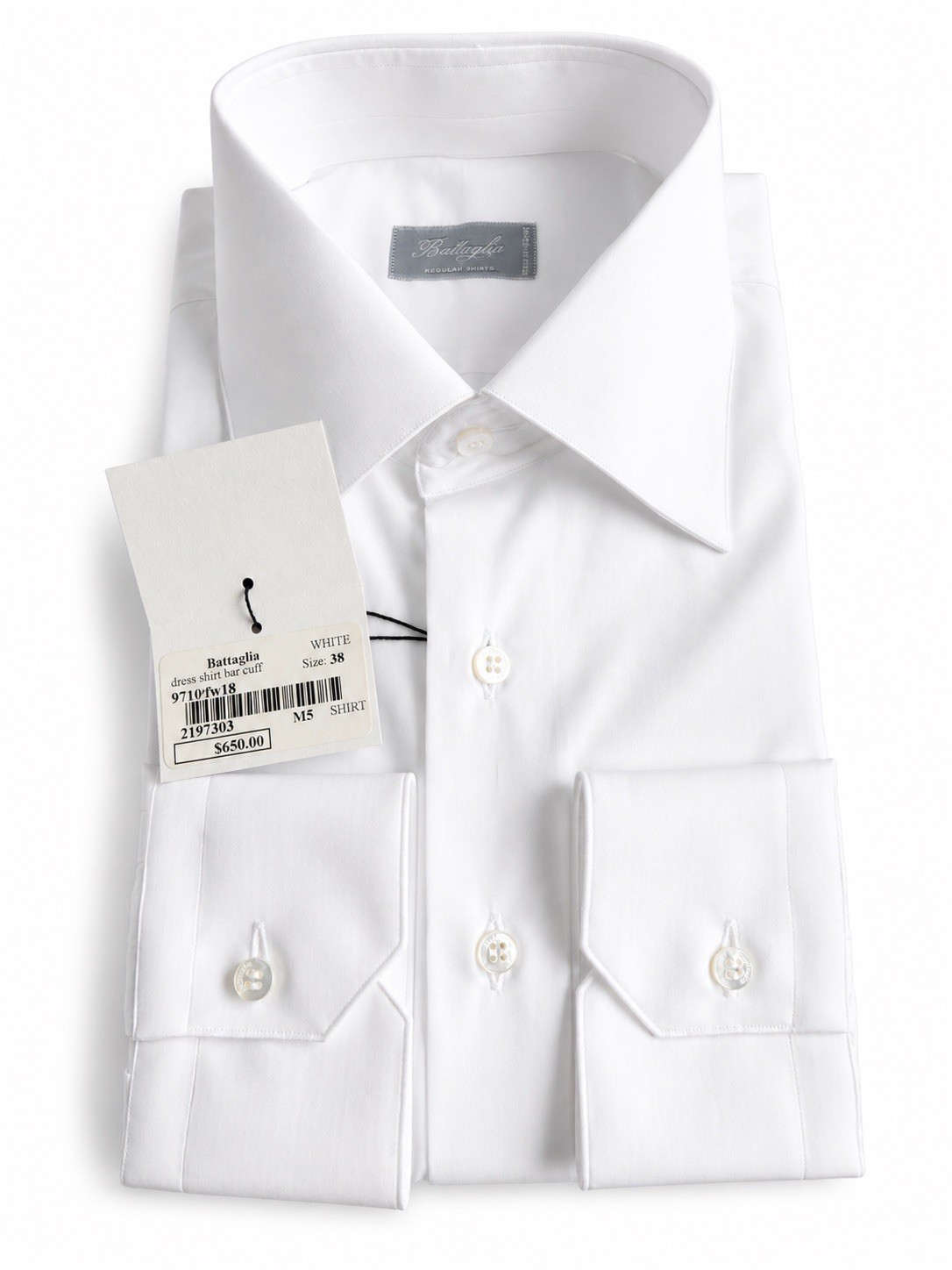 Battaglia Beverly Hills Shirt 15/38 White Long Sleeve Cotton MOP Buttons