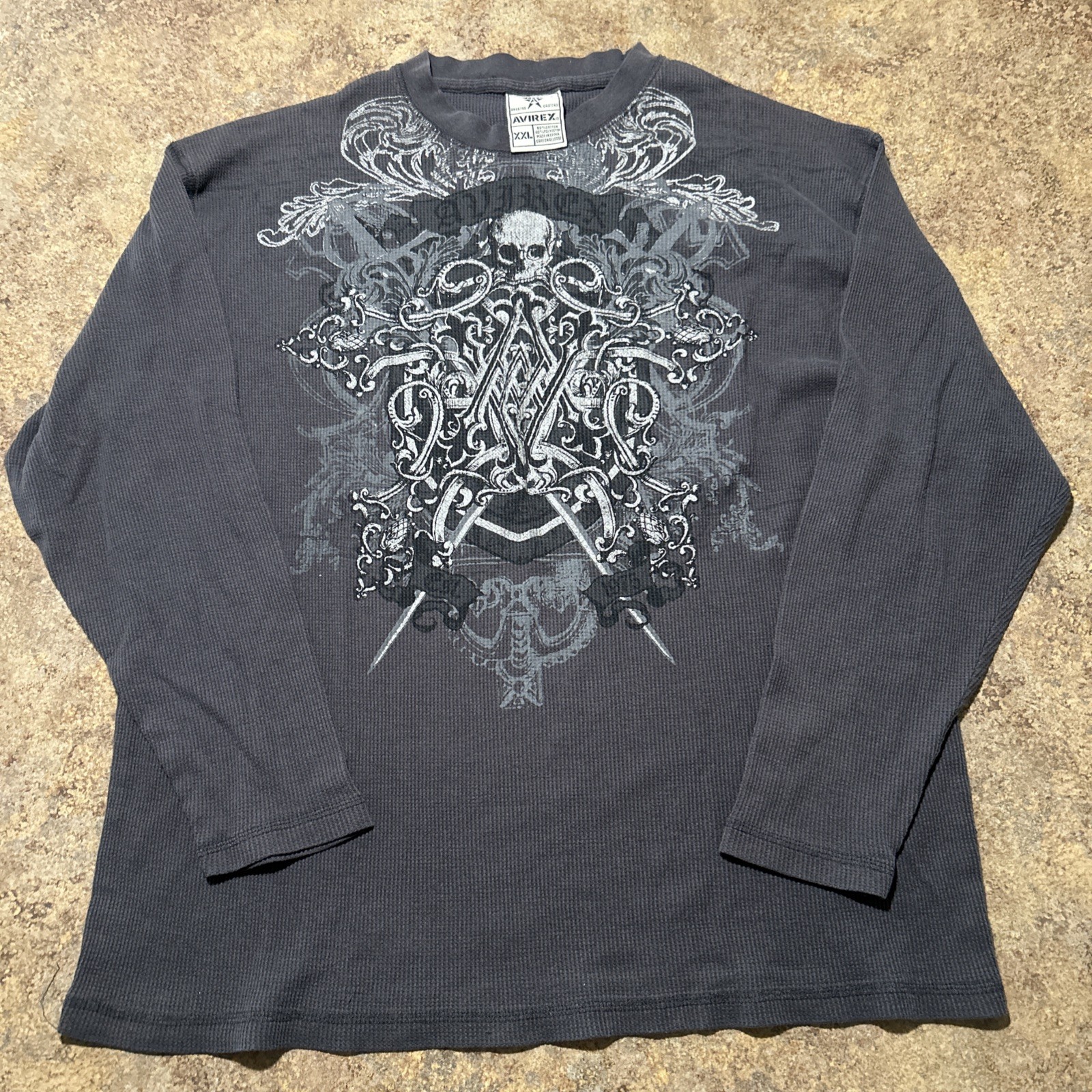 Avirex Shirt Mens 2XL Thermal Black Gray Long Sleeve Skull Biker Jesse Pinkman